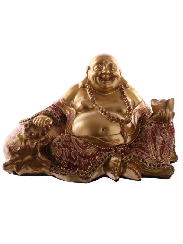 Buda Sentado con Saco de Dinero. Rojo y Dorado. 12cm alto x  20,5 de ancho