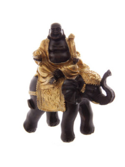 Buda Riendo sobre Elefante, Marrón y Dorado. 10,5 cm de alto x 9 cm de ancho
