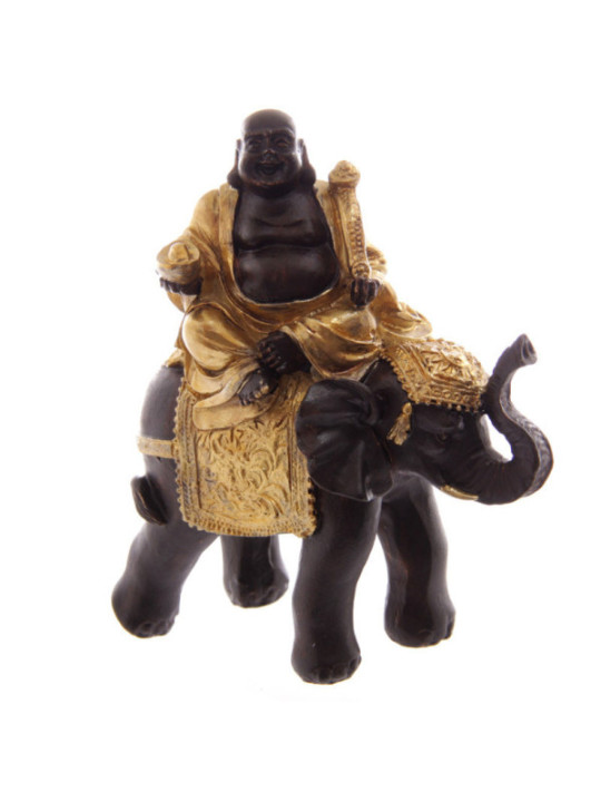 Buda Riendo sobre Elefante, Marrón y Dorado. 10,5 cm de alto x 9 cm de ancho