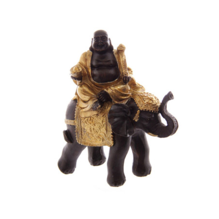 Buda Riendo sobre Elefante, Marrón y Dorado. 10,5 cm de alto x 9 cm de ancho