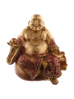 Buda Sentado en Saco de dinero, Rojo y Dorado. 11 cm de alto por 11 cm de ancho