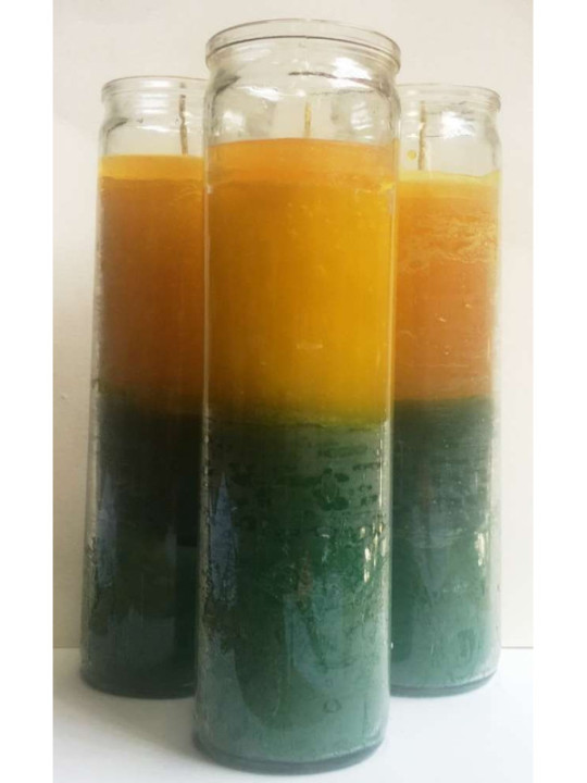 Auténtico Velón Esotérico Verde-Amarillo en Vaso de Cristal Grueso
