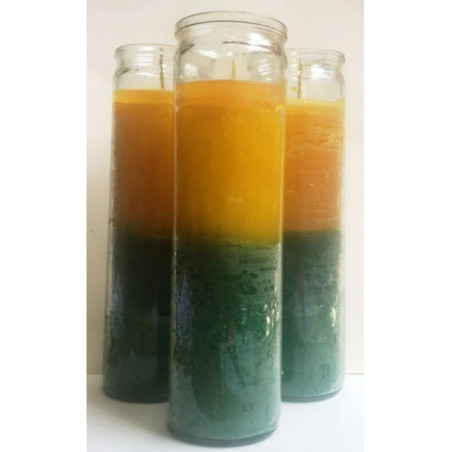 Auténtico Velón Esotérico Verde-Amarillo en Vaso de Cristal Grueso