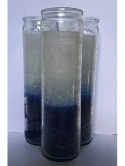 Auténtico Velón Esotérico Azul-Blanco en Vaso de Cristal Grueso