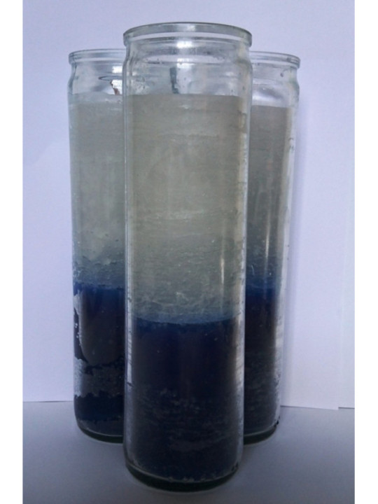 Auténtico Velón Esotérico Azul-Blanco en Vaso de Cristal Grueso