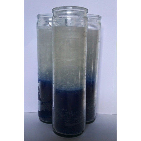 Auténtico Velón Esotérico Azul-Blanco en Vaso de Cristal Grueso