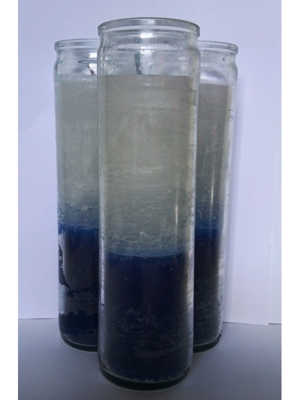 Auténtico Velón Esotérico Azul-Blanco en Vaso de Cristal Grueso