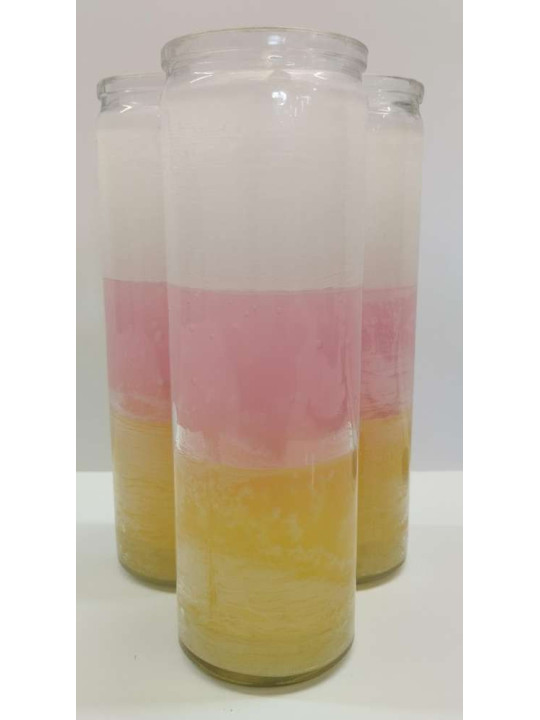 Auténtico Velón Esotérico Morado-Blanco-Morado en Vaso de Cristal Grueso