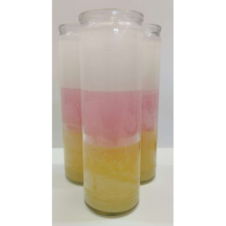 Auténtico Velón Esotérico Morado-Blanco-Morado en Vaso de Cristal Grueso