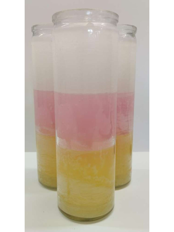 Auténtico Velón Esotérico Morado-Blanco-Morado en Vaso de Cristal Grueso