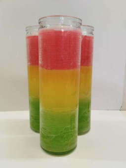 Auténtico Velón Esotérico Verde-Amarillo-Rojo en Vaso de Cristal Grueso