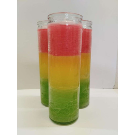 Auténtico Velón Esotérico Verde-Amarillo-Rojo en Vaso de Cristal Grueso
