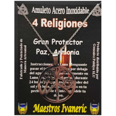 Talismán Artesano De Acero Inoxidable 3,2 cm, 4 Religiones, Paz, Armonia, Gran Protección