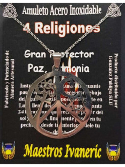 Talismán Artesano De Acero Inoxidable 3,9 cm, 4 Religiones, Paz, Armonia, Gran Protección