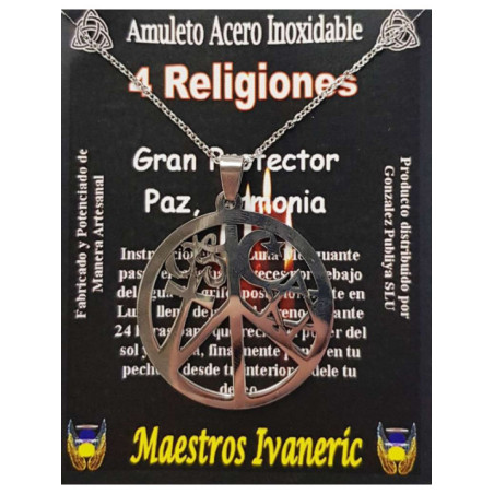 Talismán Artesano De Acero Inoxidable 3,9 cm, 4 Religiones, Paz, Armonia, Gran Protección