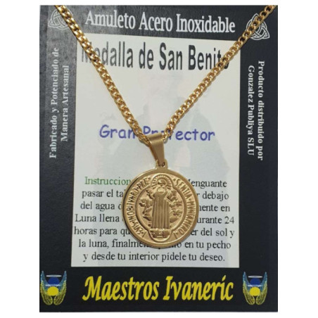 Talismán Grande Artesano De Acero Inoxidable Dorado, San Benito, Gran Protector
