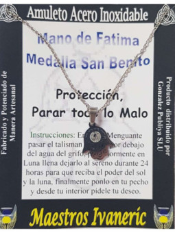 Talismán Artesano De Acero Inoxidable Mano de Fatima con Medalla San Benito