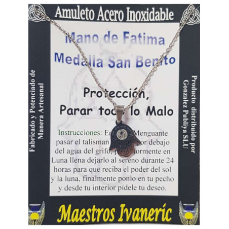 Talismán Artesano De Acero Inoxidable Mano de Fatima con Medalla San Benito