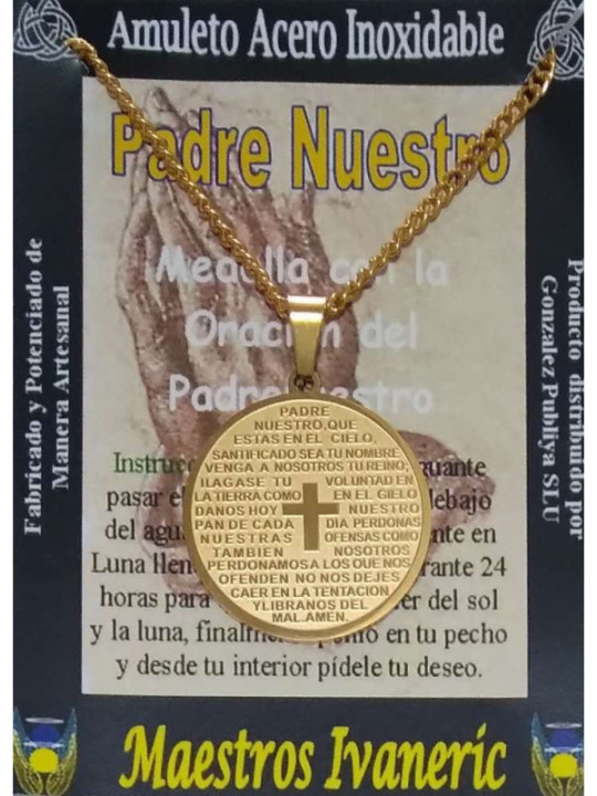 Talismán Grande Artesano Dorado De Acero Inoxidable, Medalla Con Padre Nuestro, 3.3 cm Diámetro