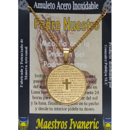 Talismán Grande Artesano Dorado De Acero Inoxidable, Medalla Con Padre Nuestro, 3.3 cm Diámetro