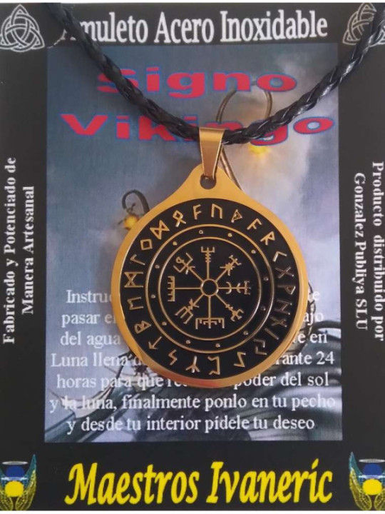 Talismán Artesano De Acero Inoxidable Signos Vikingos, 4cm de Diámetro, con Cordón