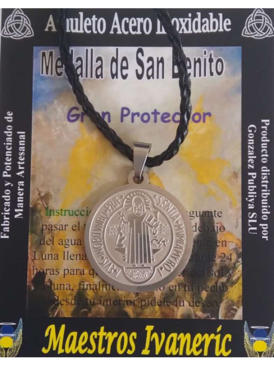 Talismán Grande Artesano  De Acero Inoxidable San Benito 3.3cm de Diámetro. Con Cordón