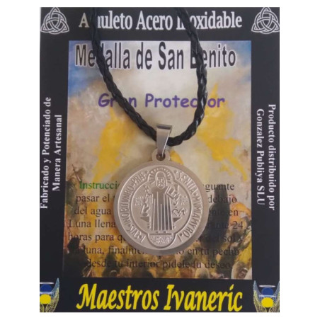 Talismán Grande Artesano  De Acero Inoxidable San Benito 3.3cm de Diámetro. Con Cordón