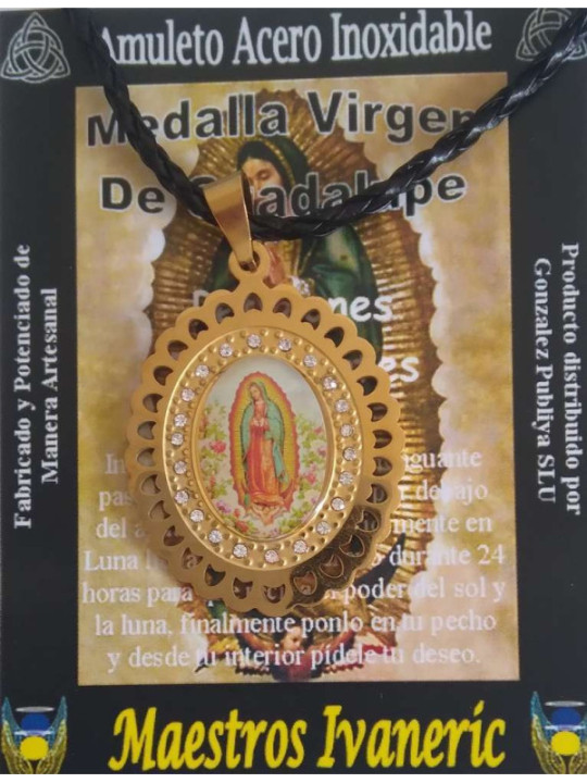 Talismán Grande Artesano De Acero Inoxidable, Virgen Guadalupe, 4,4 cm con Cordón