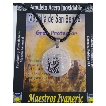 Talismán Artesano De Acero Inoxidable, Medalla de San Benito 3,1 cm con Cordón