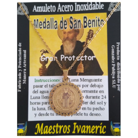 Talismán Artesano Dorado Mediano De Acero Inoxidable, San Benito, Gran Protector