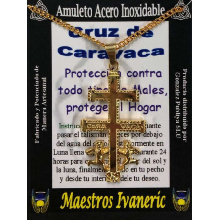 Talismán Artesano De Acero Inoxidable, Cruz Caravaca Dorada Grande