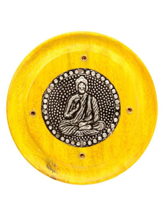Quemador de Incienso Amarillo Redondo de Madera de Mango, Buda