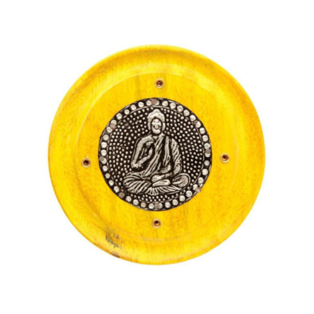 Quemador de Incienso Amarillo Redondo de Madera de Mango, Buda