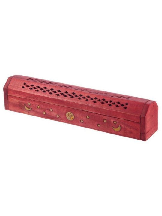 Caja Madera Roja de Mango Quemador de Incienso Diseño Sol, Luna