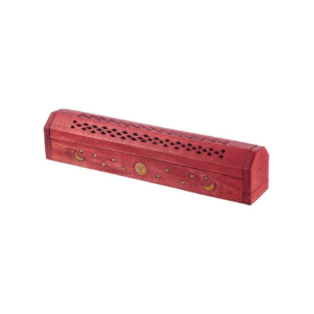 Caja Madera Roja de Mango Quemador de Incienso Diseño Sol, Luna
