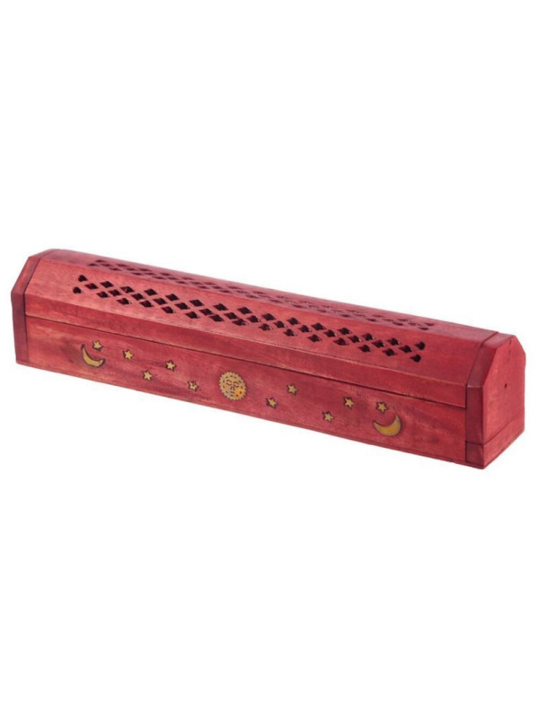 Caja Madera Roja de Mango Quemador de Incienso Diseño Sol, Luna