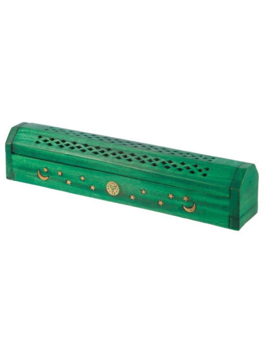 Caja Madera Verde de Mango Quemador de Incienso Diseño Sol, Luna