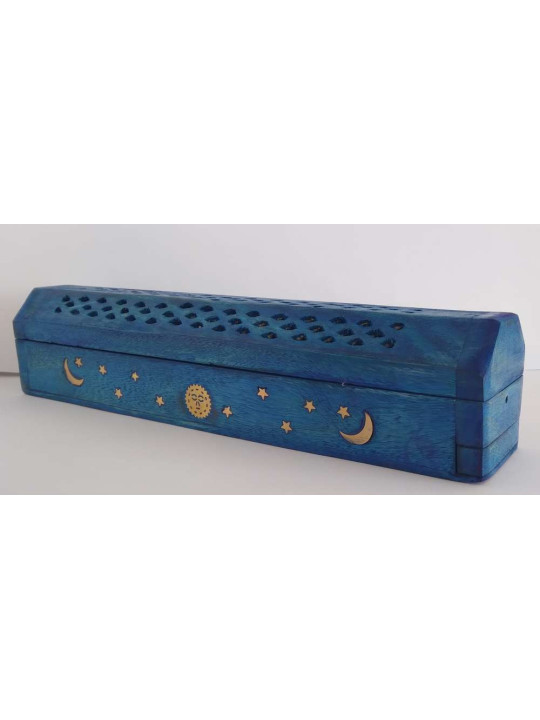 Caja Madera Azul de Mango Quemador de Incienso Diseño Sol, Luna