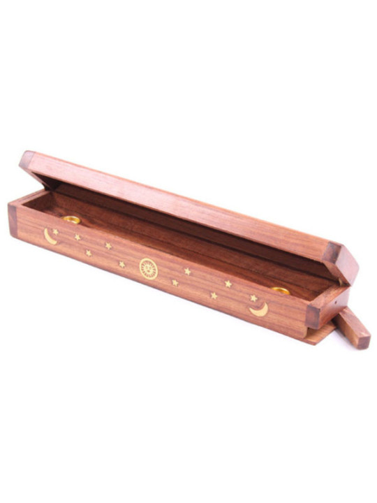 Caja Quemador de Incienso Diseño Sol, Luna y Estrellas, de Madera, Para Conos y Varilla