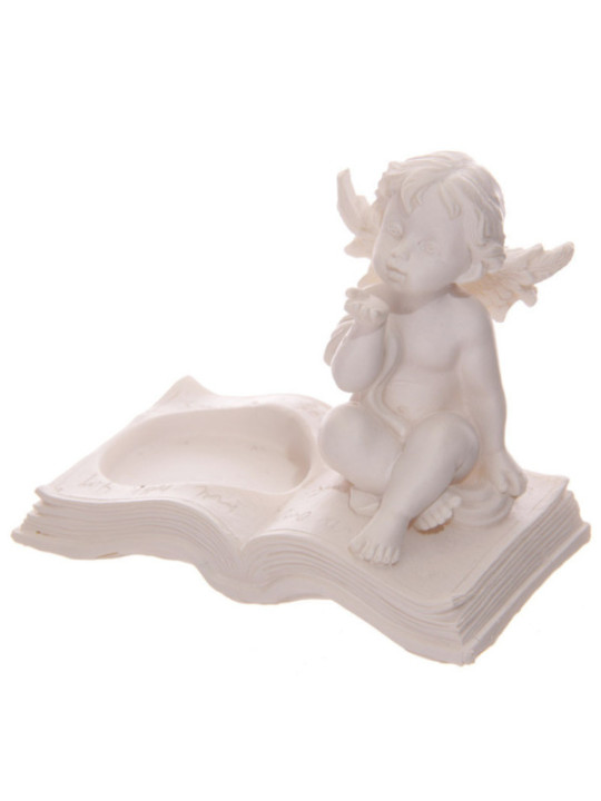 Portavelas Querubín Blanco Sentado en Libro.. 8 cm altura x 9,5 cm ancho