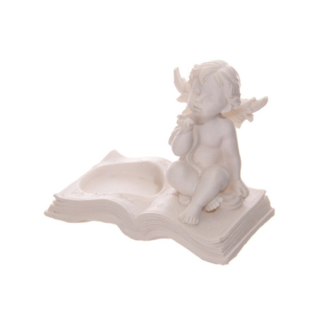 Portavelas Querubín Blanco Sentado en Libro.. 8 cm altura x 9,5 cm ancho