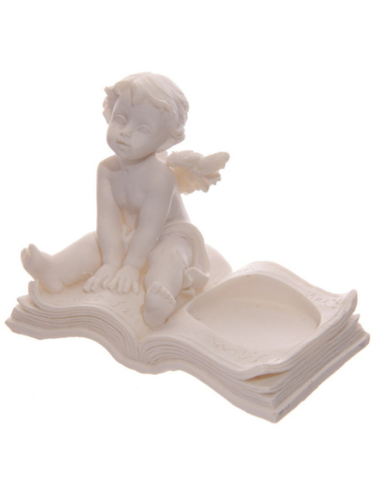 Portavelas Querubín Blanco Sentado en Libro.. 8 cm altura x 9,5 cm ancho