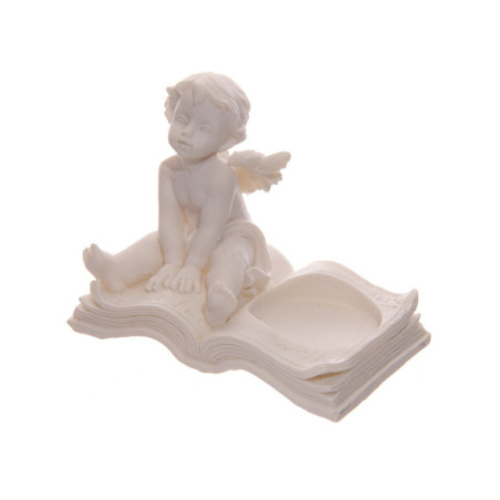 Portavelas Querubín Blanco Sentado en Libro.. 8 cm altura x 9,5 cm ancho