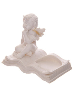 Portavelas Querubín Blanco Sentado en Libro.. 8 cm altura x 9,5 cm ancho