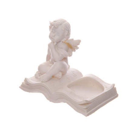 Portavelas Querubín Blanco Sentado en Libro.. 8 cm altura x 9,5 cm ancho