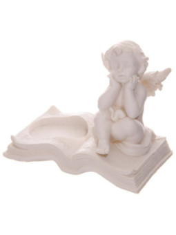 Portavelas Querubín Blanco Sentado en Libro.. 8 cm altura x 9,5 cm ancho