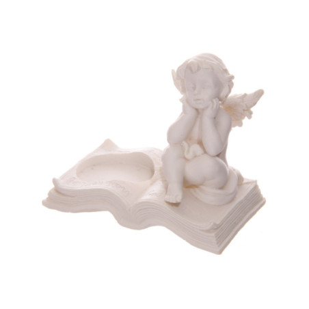 Portavelas Querubín Blanco Sentado en Libro.. 8 cm altura x 9,5 cm ancho