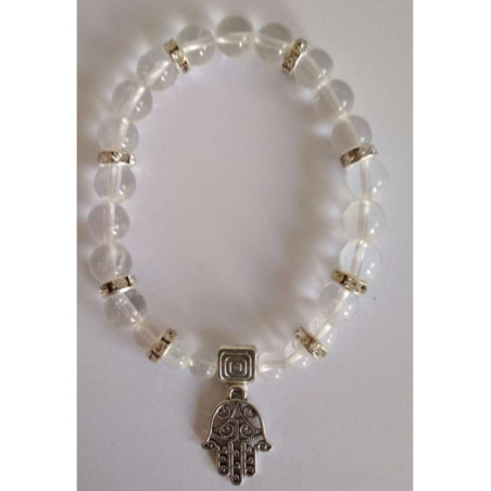 Pulsera Mineral Cuarzo Cristal con Mano de Fatima, Protección