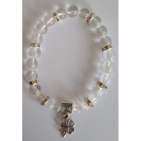 Pulsera Mineral Cuarzo Cristal con Trébol de la Suerte