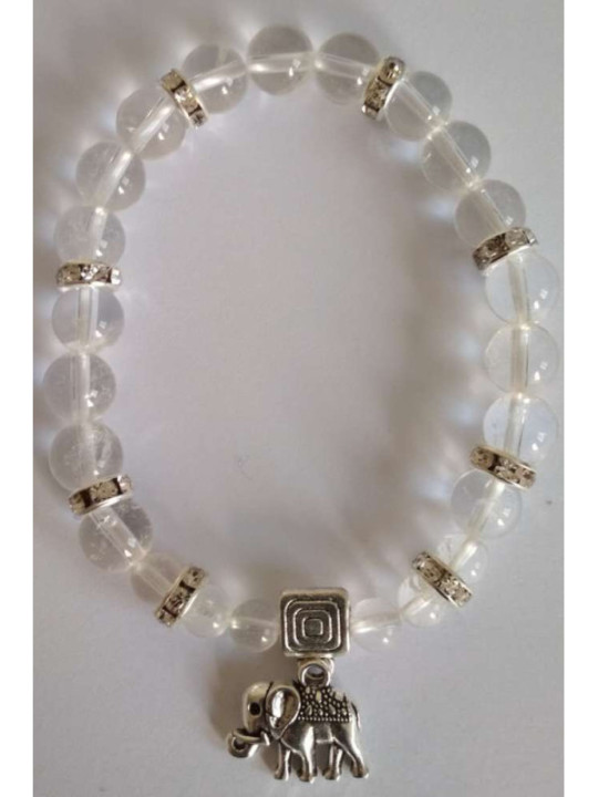 Pulsera Mineral Cuarzo Cristal con Elefante de la Prosperidad